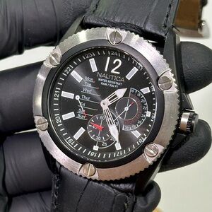 Nautica Retrograde N13540 Black Dial Triple Calendar Stainless Steel 47mm Watch